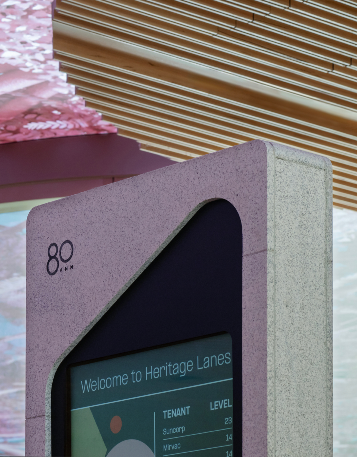 Close up of 80 Ann street digital screen with logo