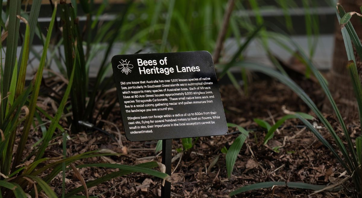 Plaque with description about 'Bees of Heritage Lanes'