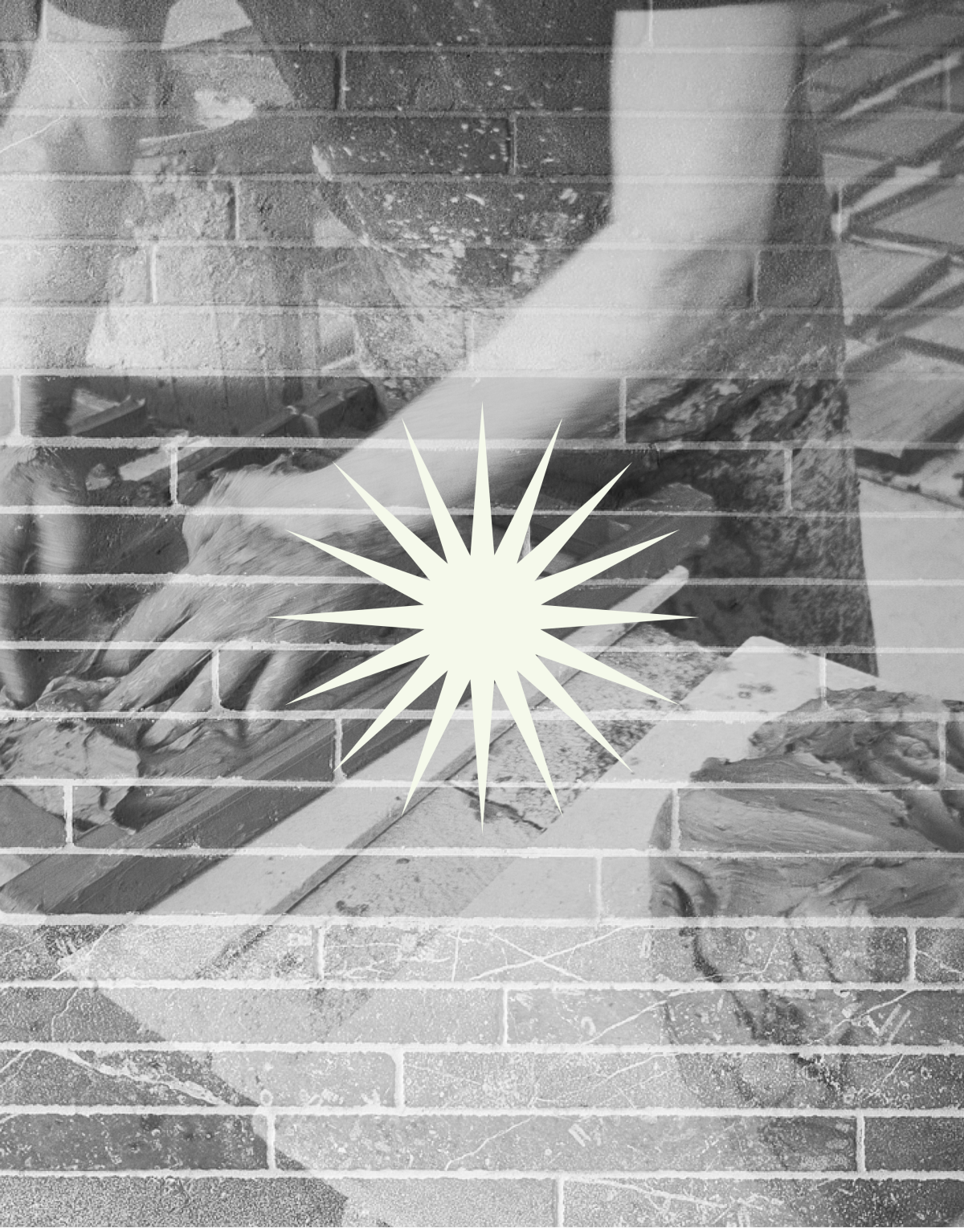 Graphic of wall fused with image of man's hands moulding natural materials