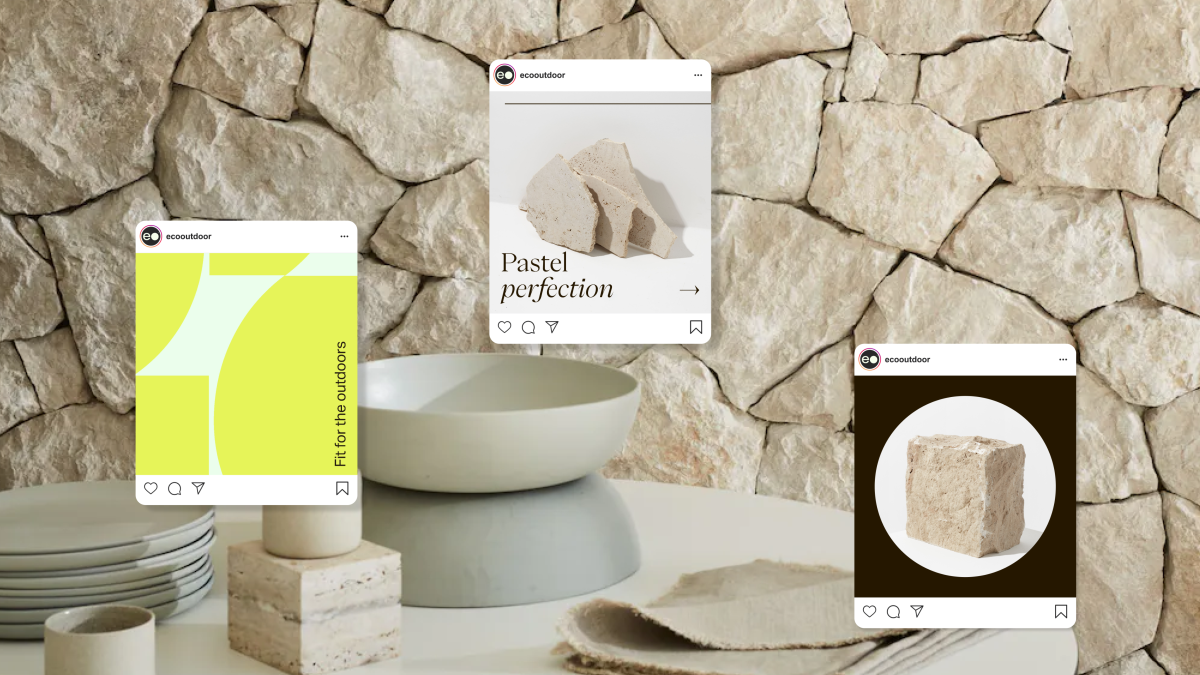 Photo of rock surfaced wall and table in view with Eco Outdoor Instagram tiles overlaid