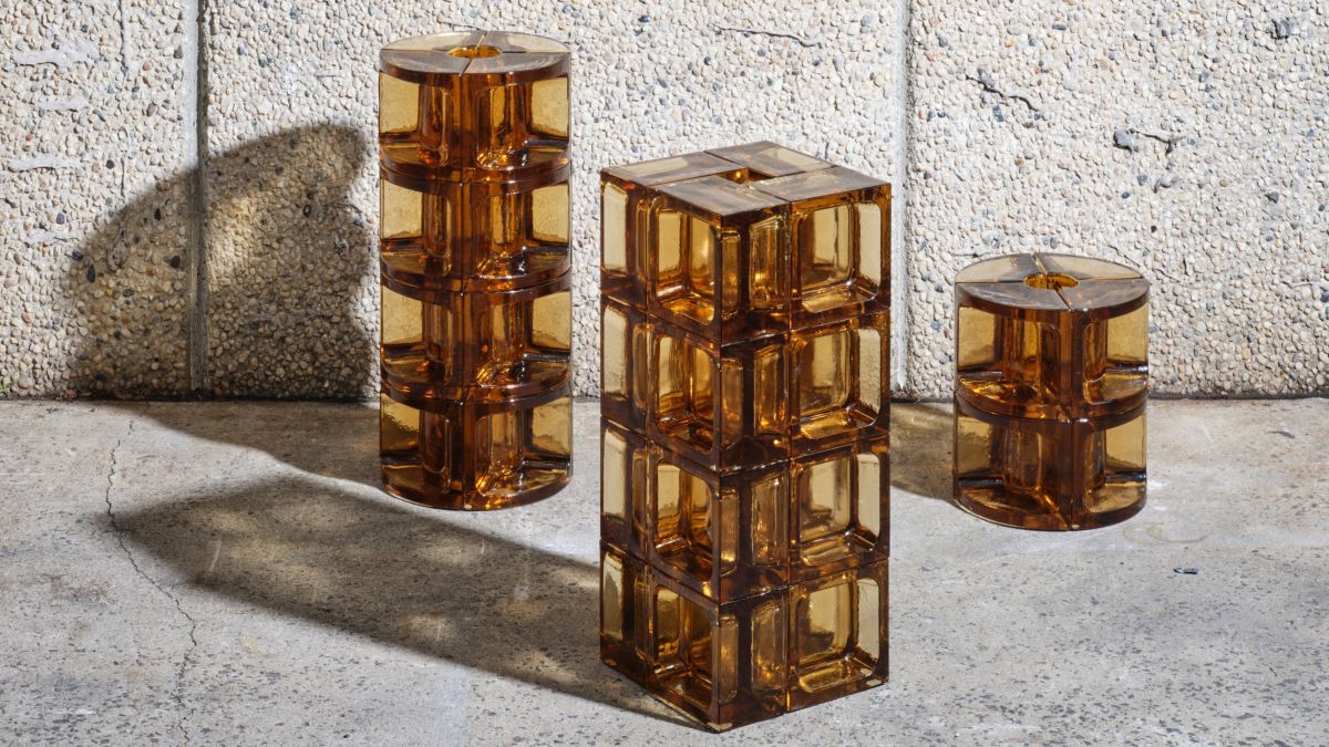 Decorative stacks of amber coloured glass bricks