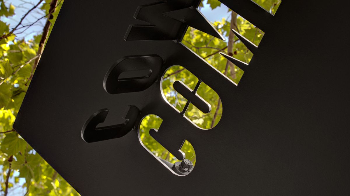 Detailed image of Community Centre typographic cut outs in awnings