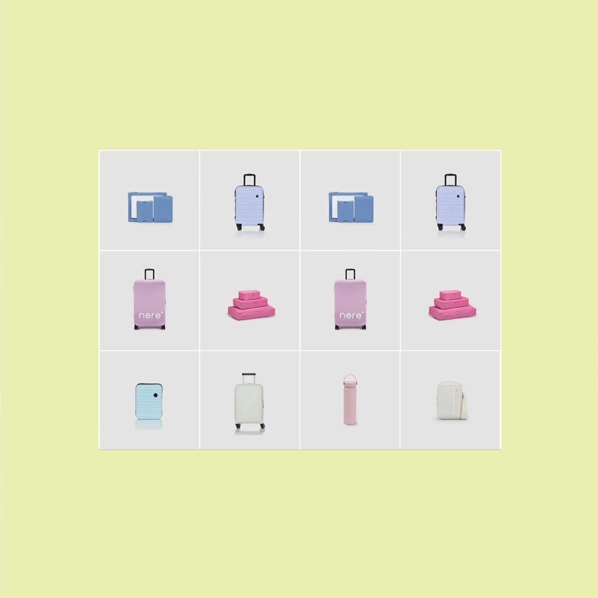 Nere suitcases and bags in grid over yellow backdrop