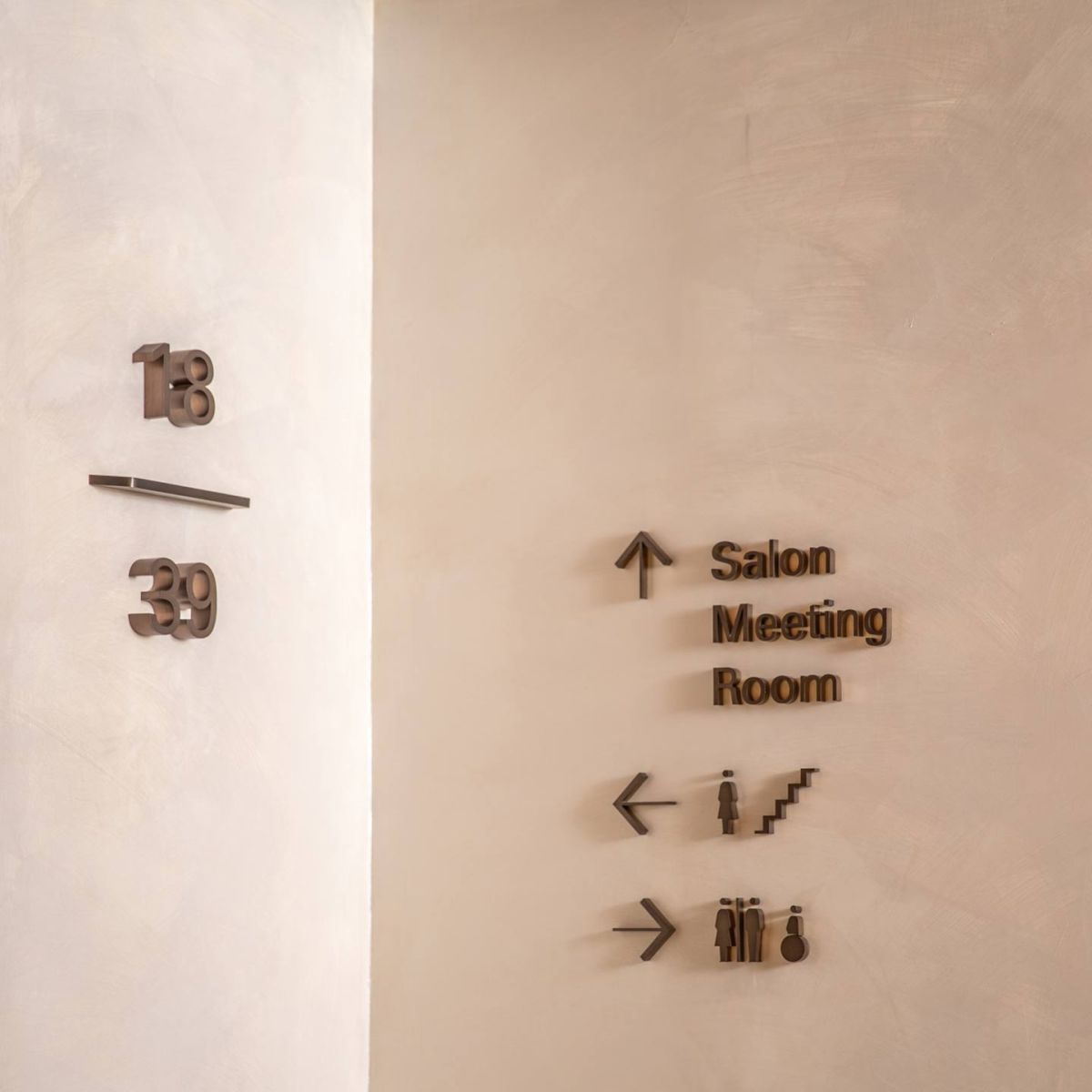 Salon, meeting room, escalator and bathroom signage