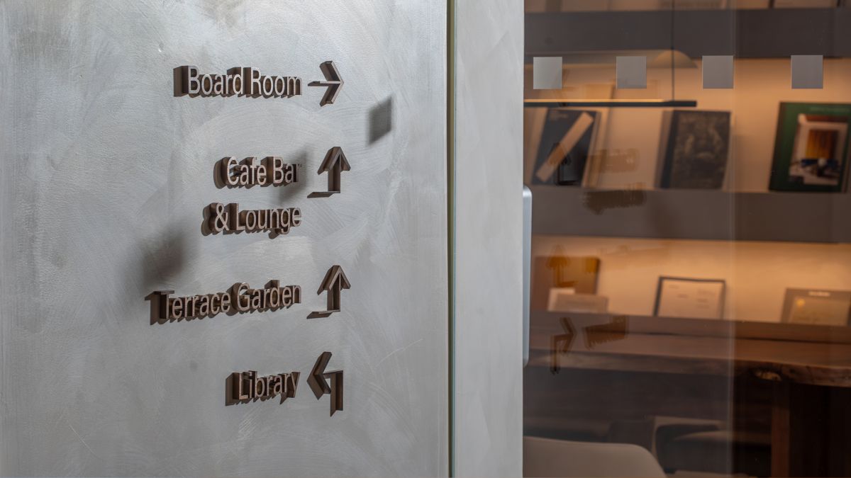 Board room, cafe, terrace and library signage