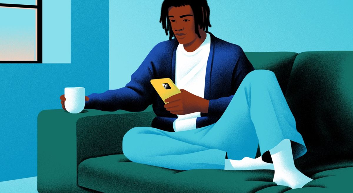 Illustration of man ordering Uber Carshare on his phone whilst sitting on couch