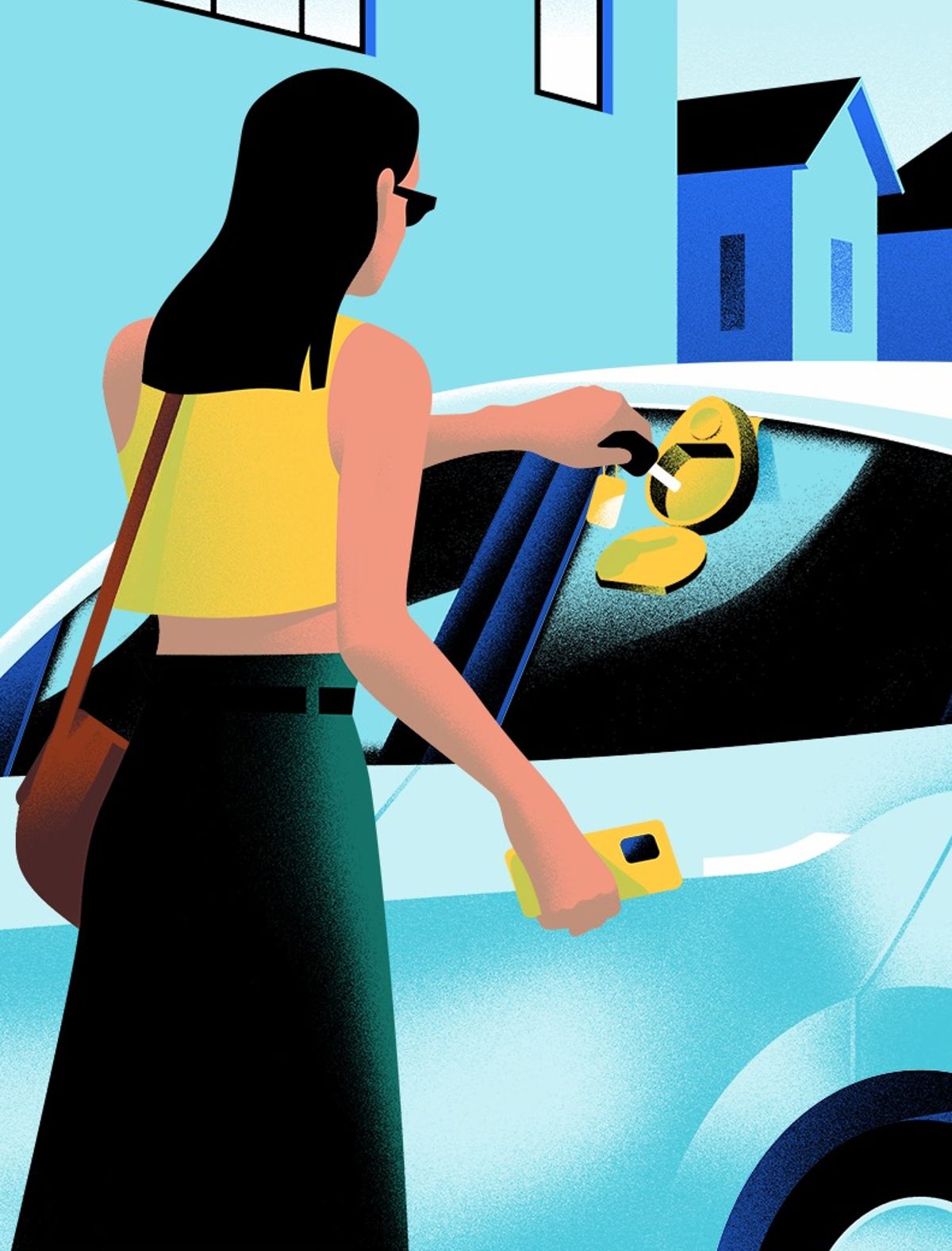 Woman taking key out of lock box on car illustration