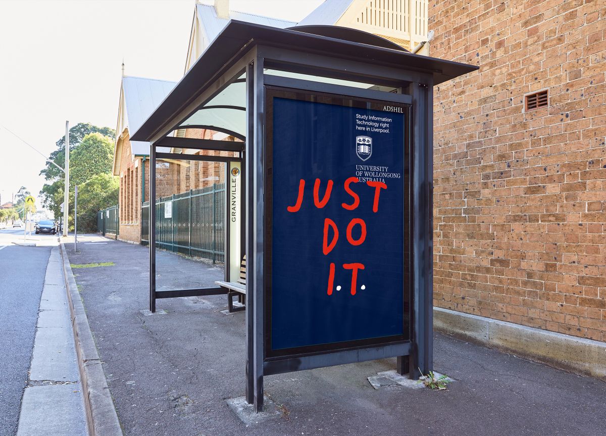 University of Wollongong branded poster at bus station